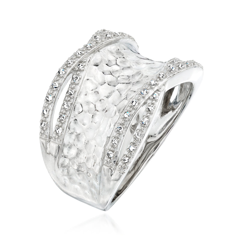 Sterling silver hammered diamond ring with pavé borders