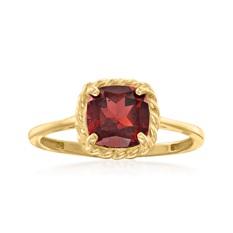 14kt yellow gold ring with square garnet centerpiece and twisted bezel setting