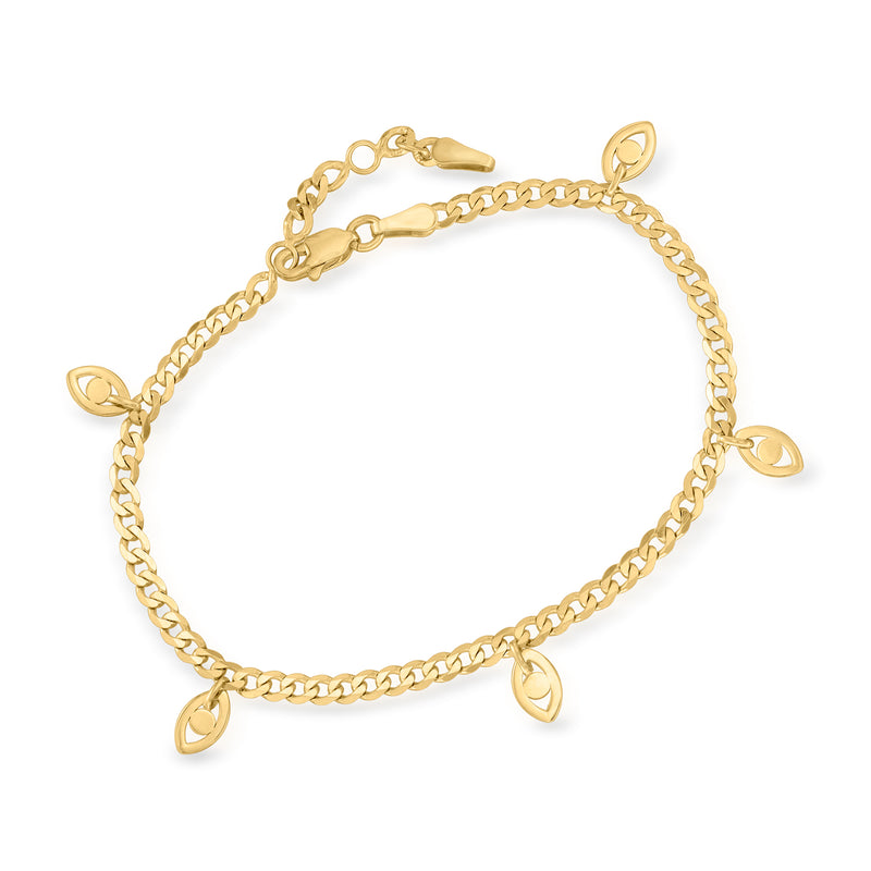 14kt yellow gold curb-link bracelet with small evil-eye charms