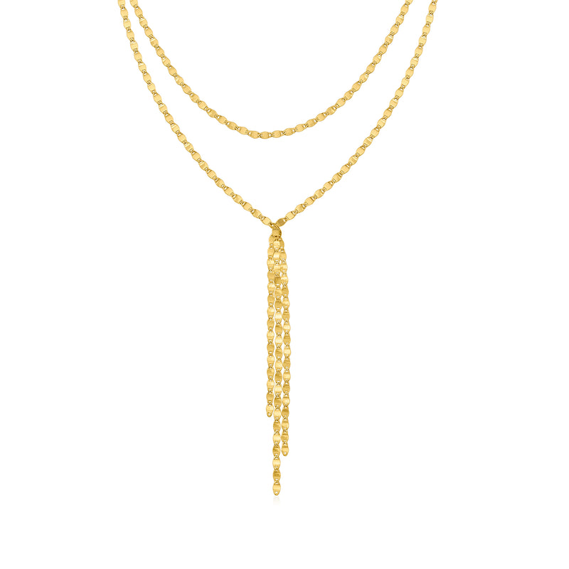 14kt yellow gold mirror-link layered choker necklace with two chain rows and a long drop