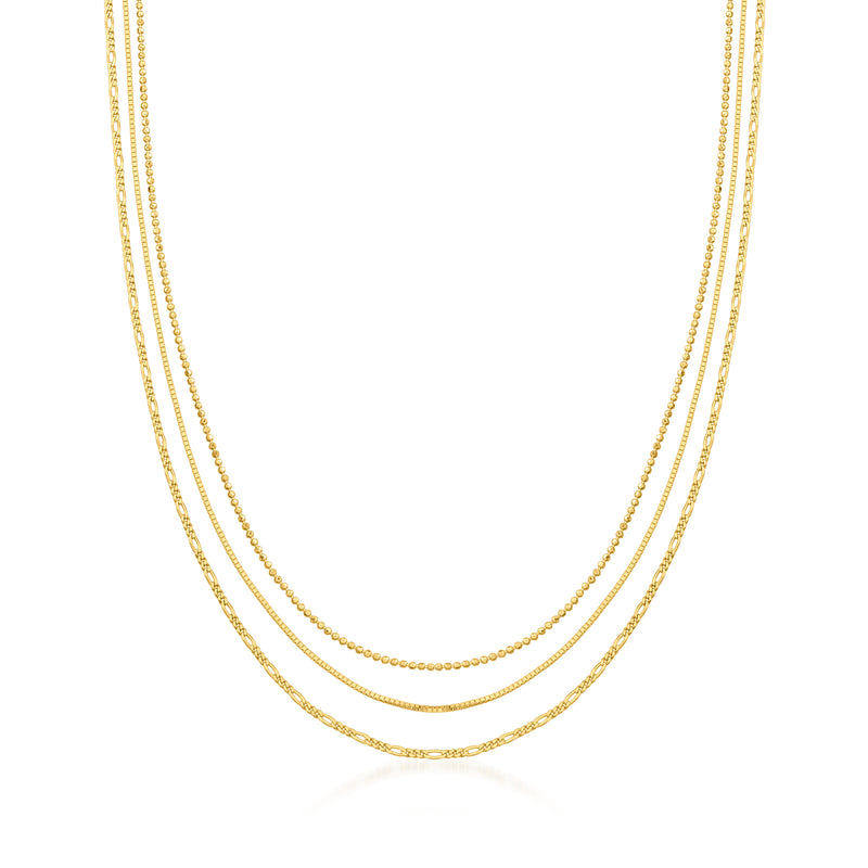 14kt yellow gold three-strand mixed-link necklace with layered chain links