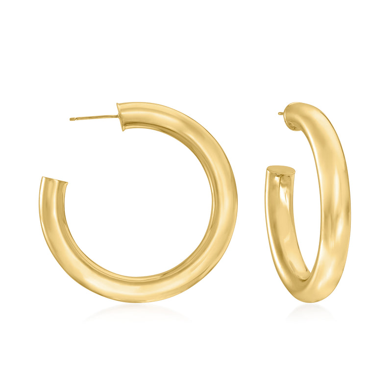 14k yellow gold C-hoop earrings, polished round hoops with hinge posts