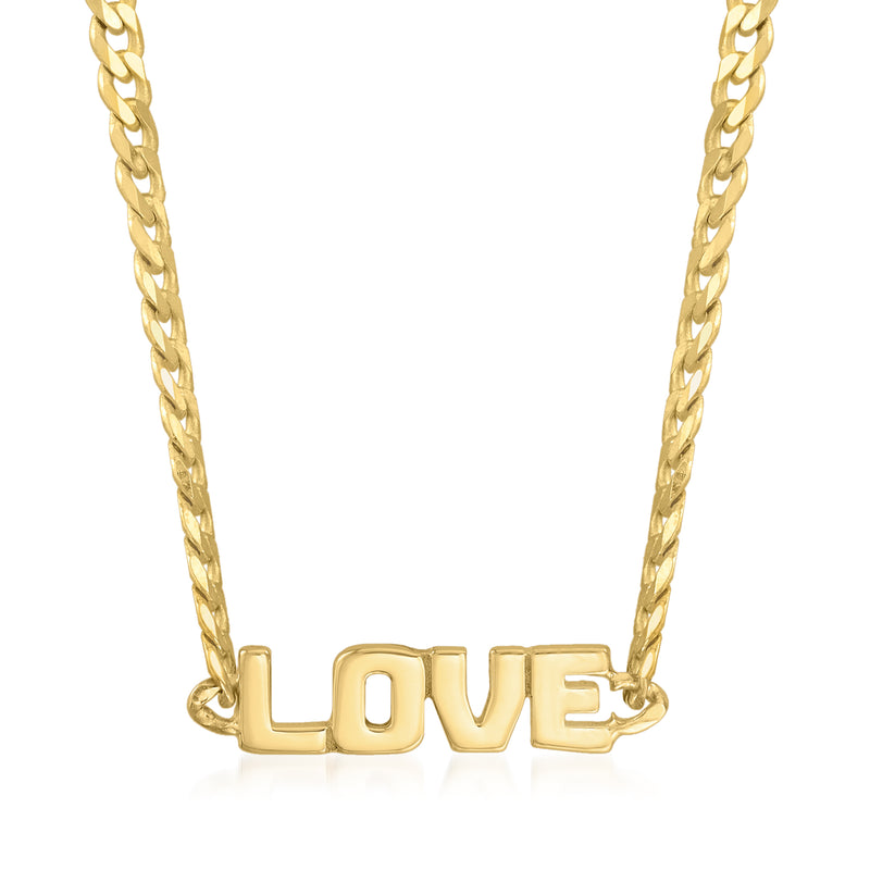 14kt yellow gold curb-link choker necklace with LOVE pendant, polished.