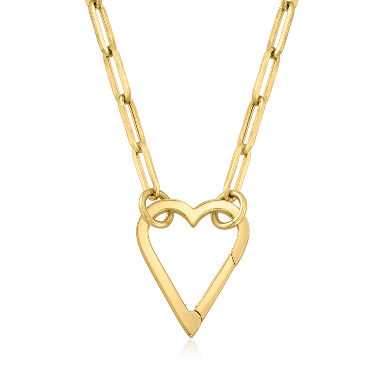 14kt yellow gold heart paper clip link necklace with open heart pendant