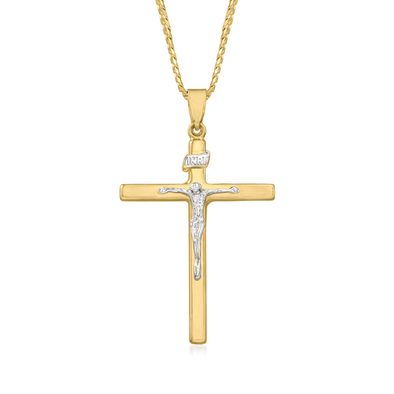 Two-tone gold crucifix pendant necklace with curb-link chain, crucifix with silver-toned figure