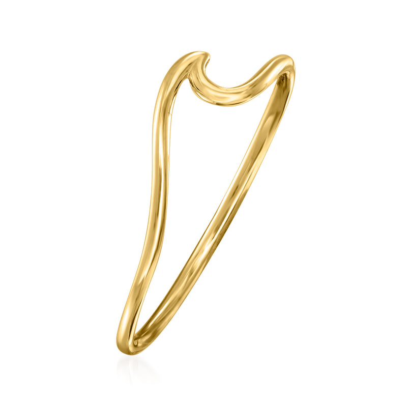14kt yellow gold wave ring, close side view of curved open band