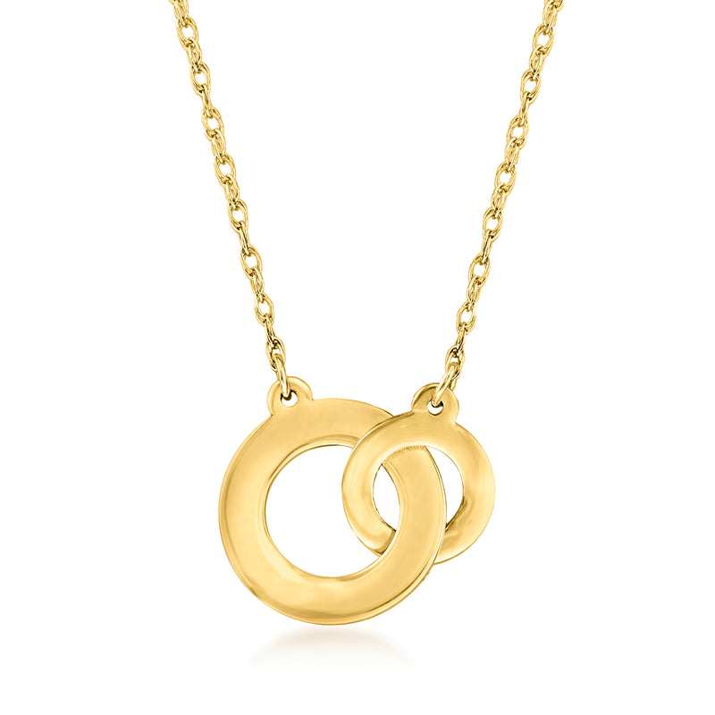 14kt yellow gold interlocking-circle necklace with two linked polished rings