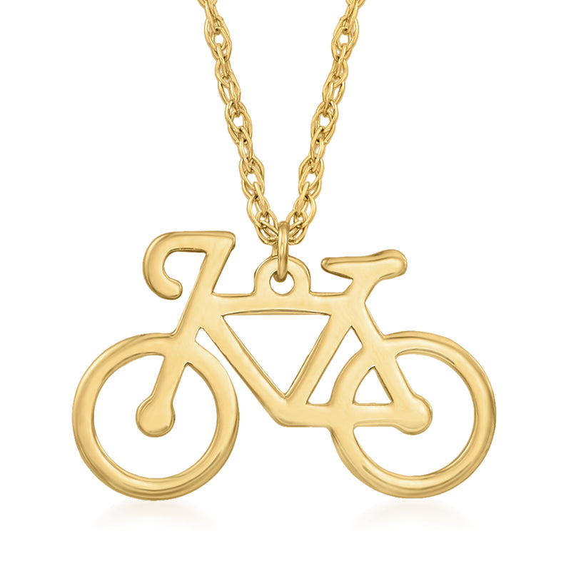 14kt yellow gold bicycle pendant necklace with openwork bicycle charm on a chain