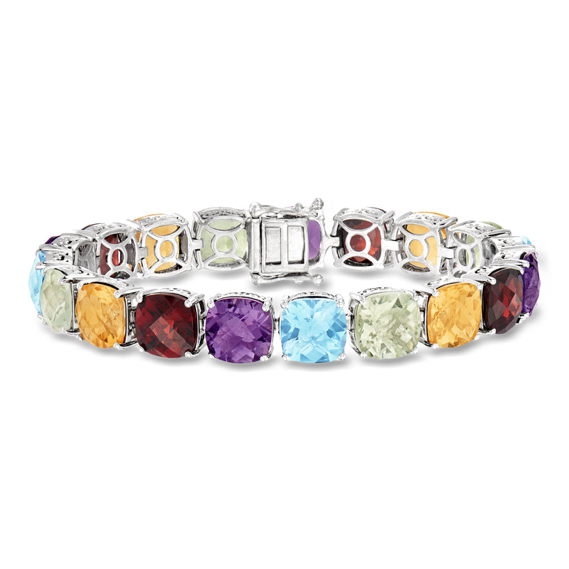 Sterling silver multi-gemstone tennis bracelet with colorful faceted stones