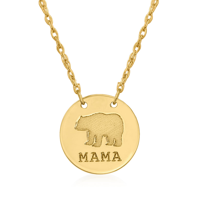 14kt yellow gold round pendant necklace with bear silhouette and MAMA engraving