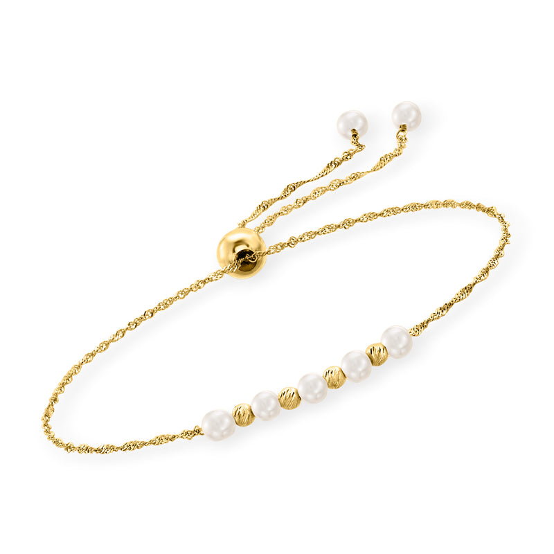 14kt yellow gold bolo bracelet with cultured pearl beads and gold sliding clasp