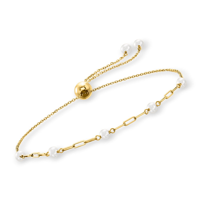 14kt yellow gold paper clip link bolo bracelet with cultured pearls