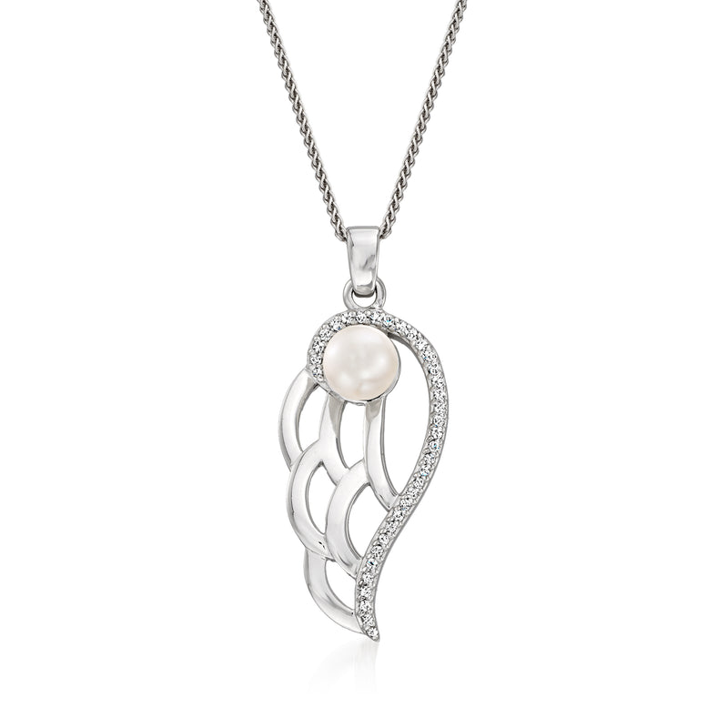 Sterling silver angel wing pendant necklace with cultured pearl and diamond accents