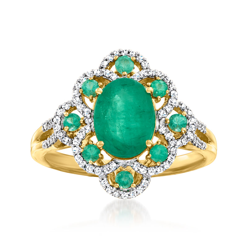 14kt yellow gold ring with oval green emerald center, diamond halo and gold prongs