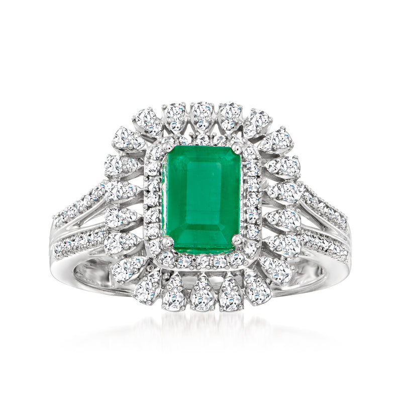 Emerald-cut green gemstone diamond halo ring in 14kt white gold