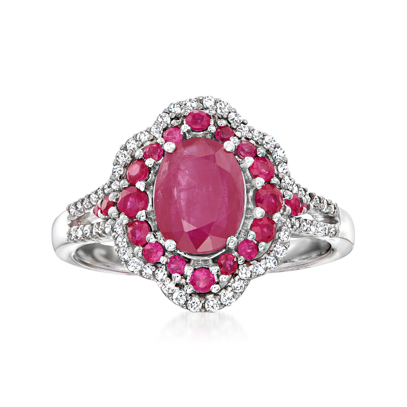 Oval ruby center halo ring with pink stones and diamonds, 14kt white gold