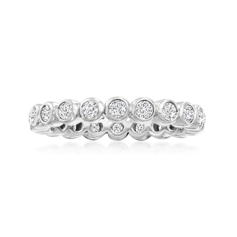 Sterling silver diamond eternity band with bezel-set round stones, scalloped edge.