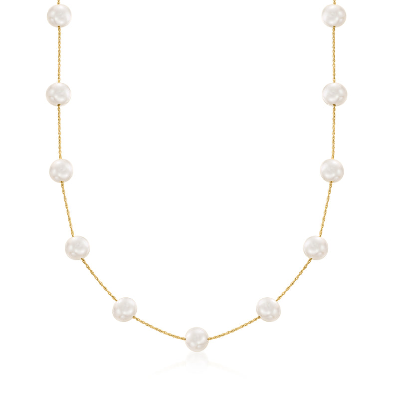 Cultured pearl station necklace with 14kt yellow gold chain and white round pearls