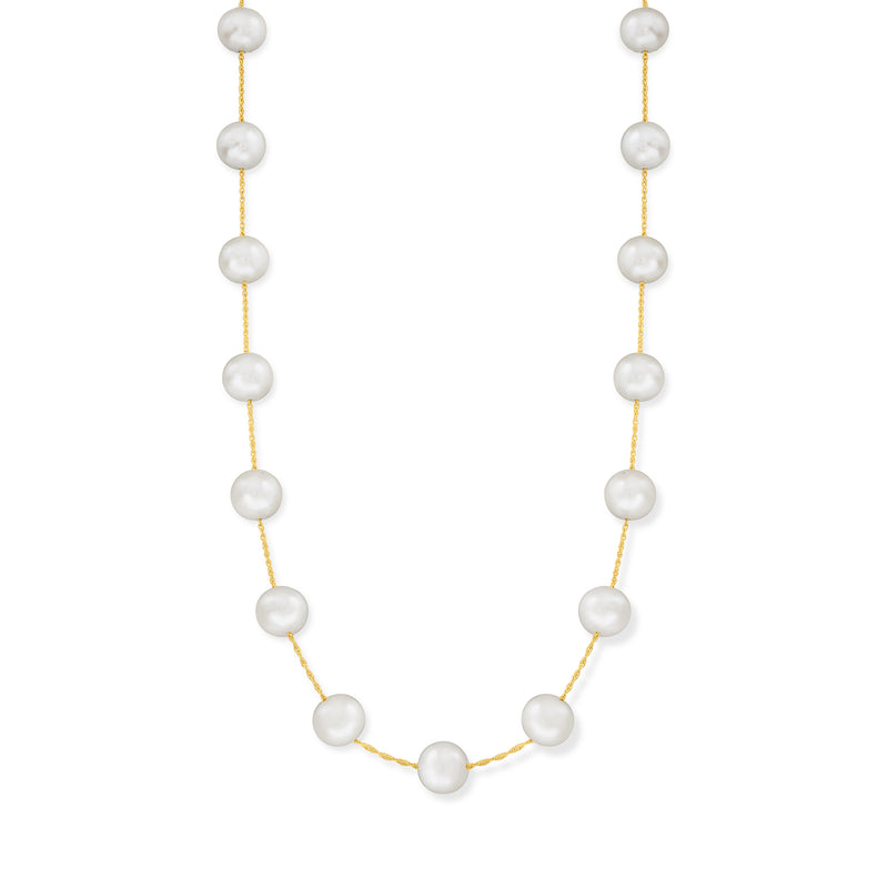 Cultured pearl station necklace with evenly spaced white round pearls on yellow gold