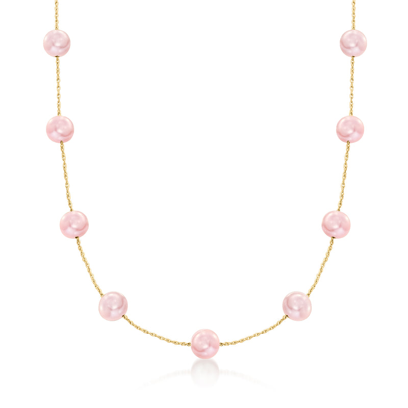 Pink cultured pearl station necklace with round pearls on 14kt yellow gold chain