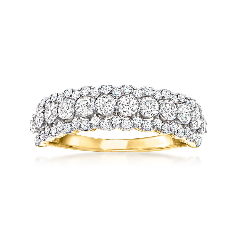 Diamond ring in 14kt yellow gold with three rows of round diamonds