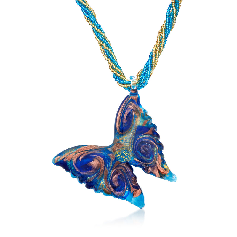 Butterfly pendant necklace with blue Murano glass and gold beaded chain