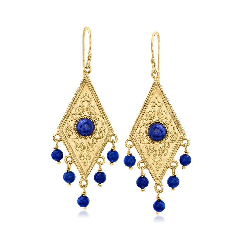 Gold drop earrings with teardrop filigree and blue lapis stones, earwire hooks