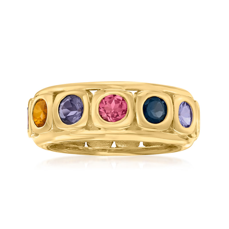 Gold bezel-set multi-gem ring with oval stones: amber, purple, pink, blue, and lilac