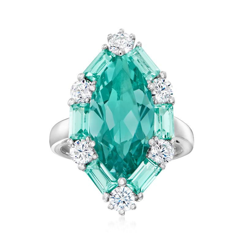Sterling silver ring with simulated green tourmaline centerpiece and CZ halo accents
