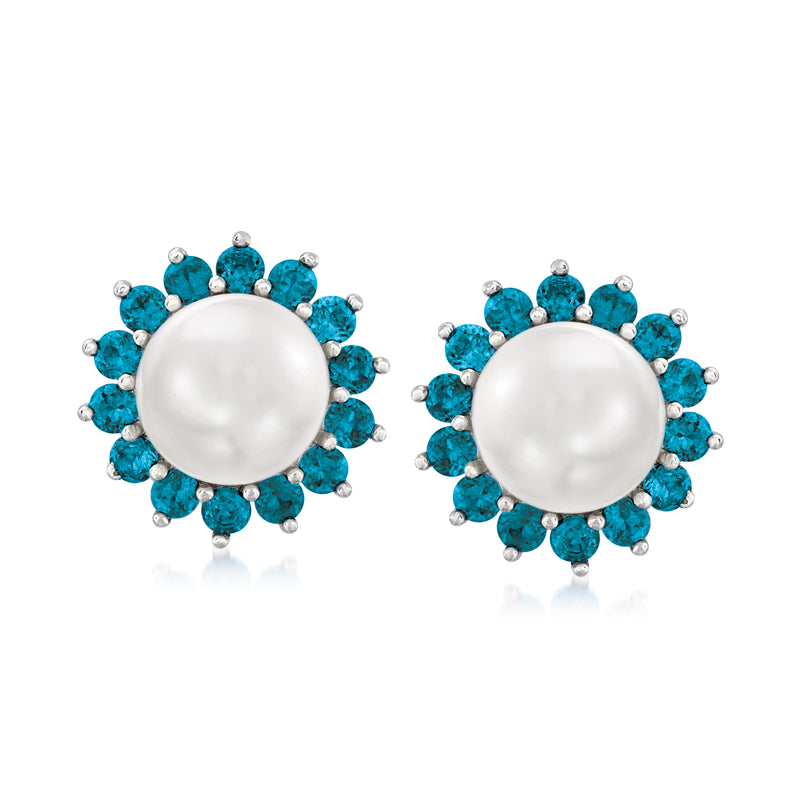 Sterling silver post earrings with round cultured pearl and blue topaz halo