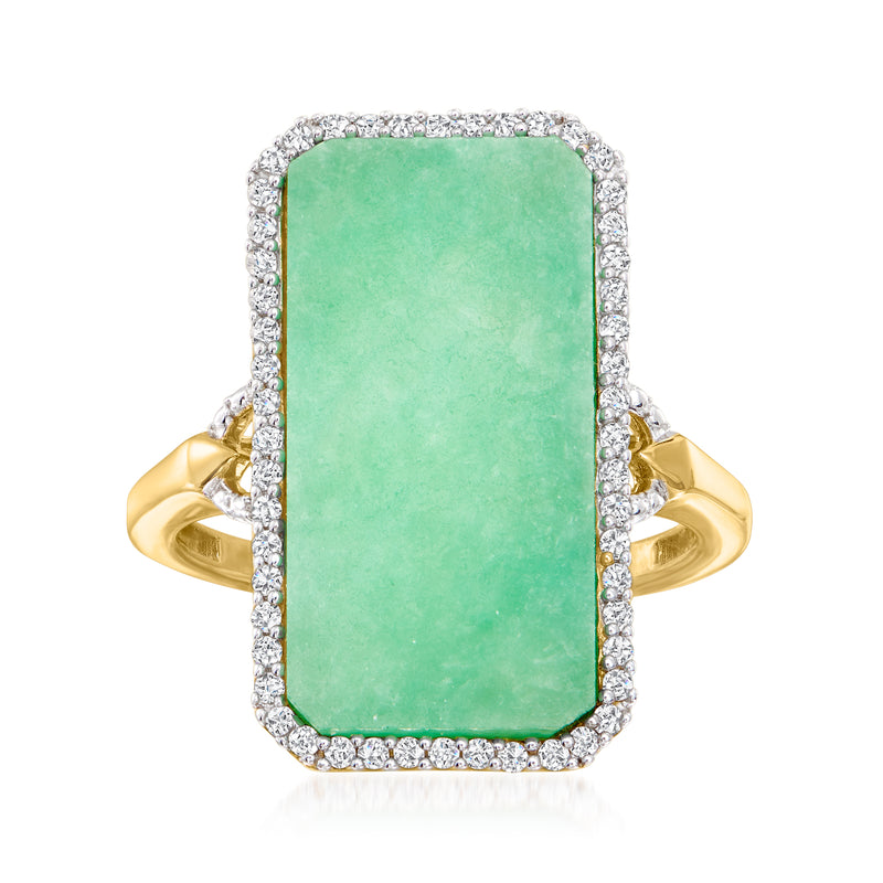 Two-tone sterling silver ring with rectangular green center and zircon halo