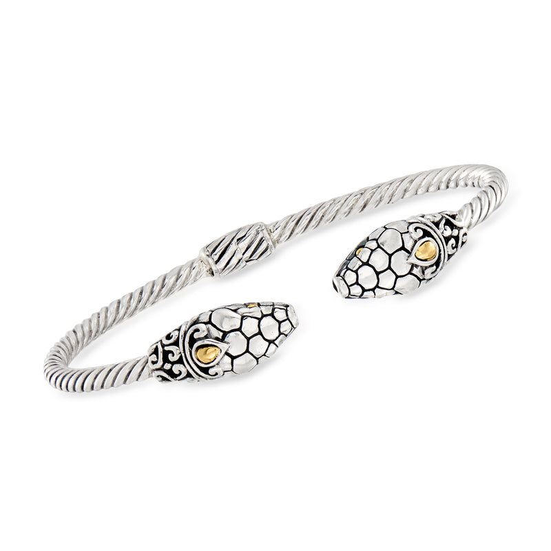 Sterling silver snake cuff bracelet with black enamel pattern and yellow gold eye detail