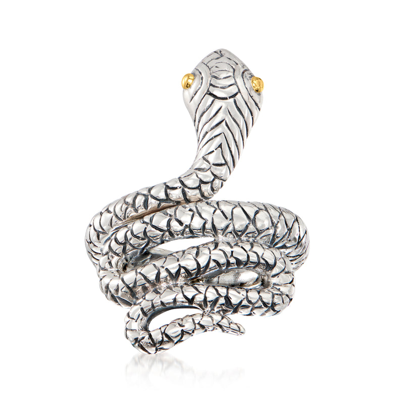 Sterling silver snake wrap ring with twisted scales and small 18kt yellow gold tips
