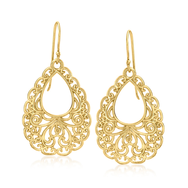 Gold over sterling filigree openwork teardrop drop earrings, earwire, scalloped