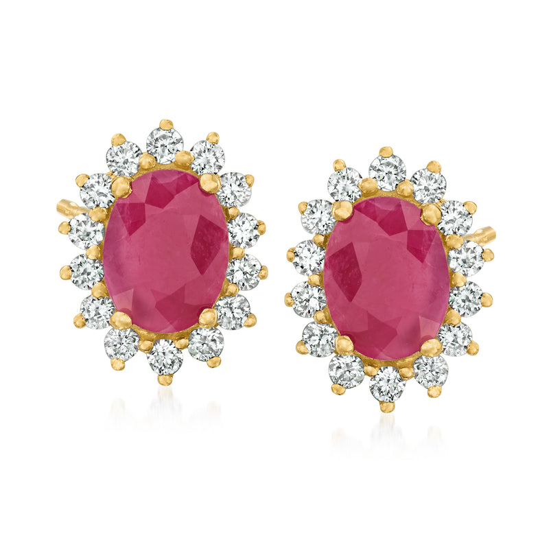 Oval ruby gemstone stud earrings with diamond halo, 14kt yellow gold post backs