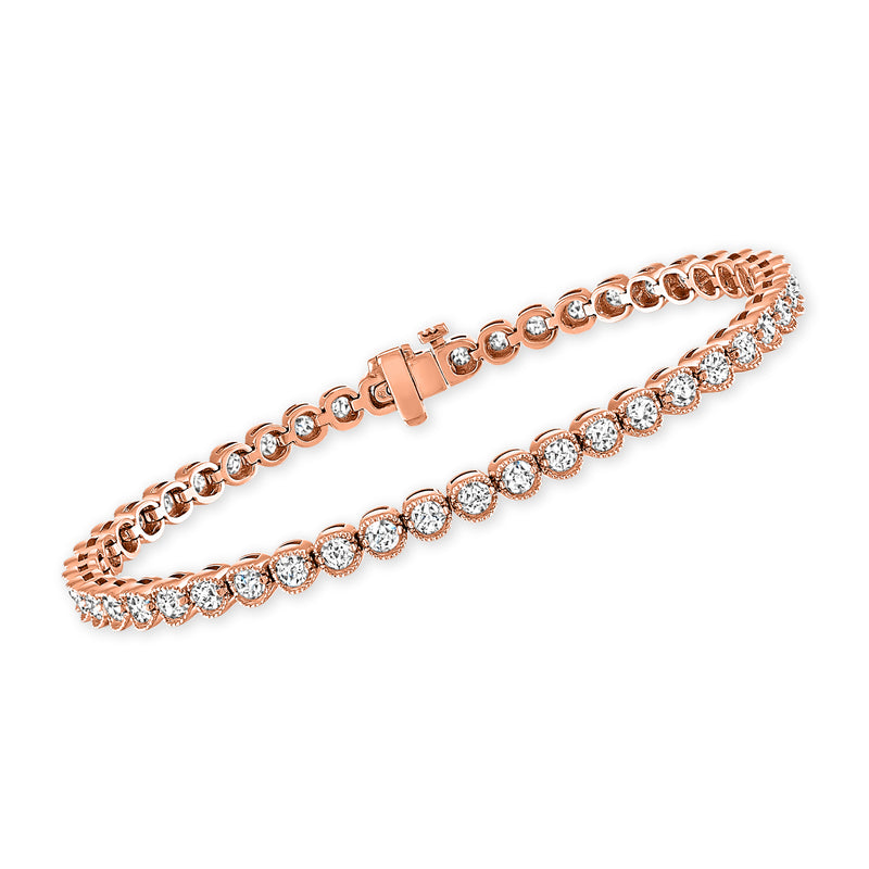 Rose gold diamond tennis bracelet with bezel-set round stones and hinged clasp