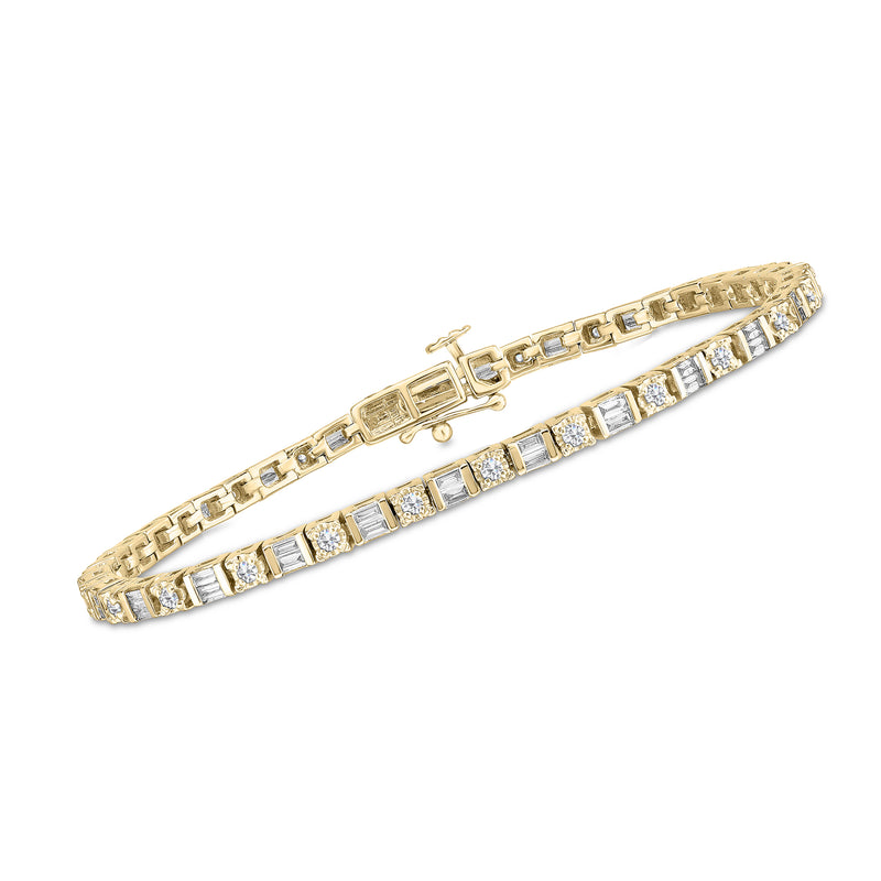 14kt yellow gold diamond tennis bracelet with rectangular stone stations