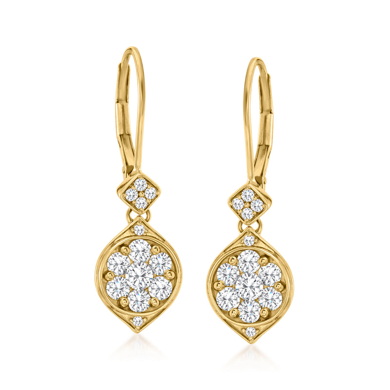 14kt yellow gold diamond cluster drop leverback earrings with pear-shaped dangle