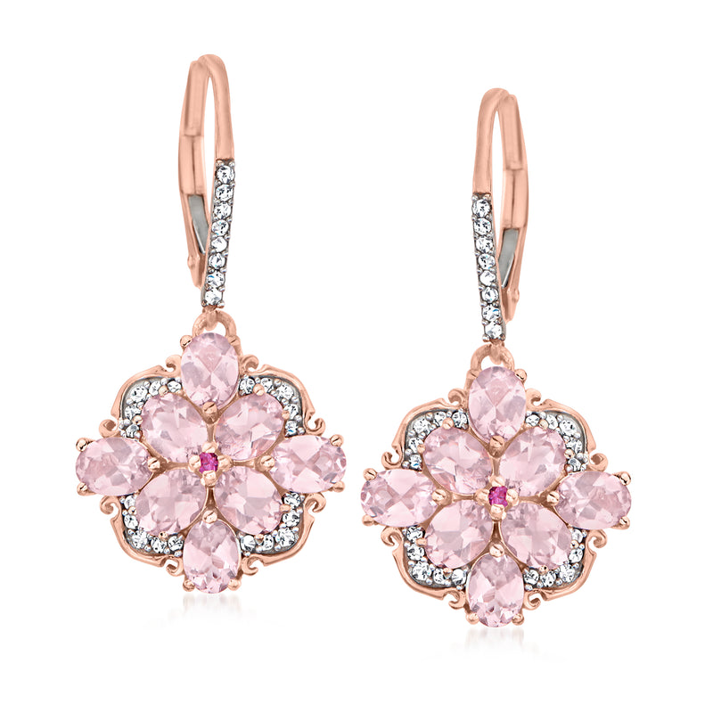 14kt rose gold leverback drop earrings with pink morganite flower and diamond halo