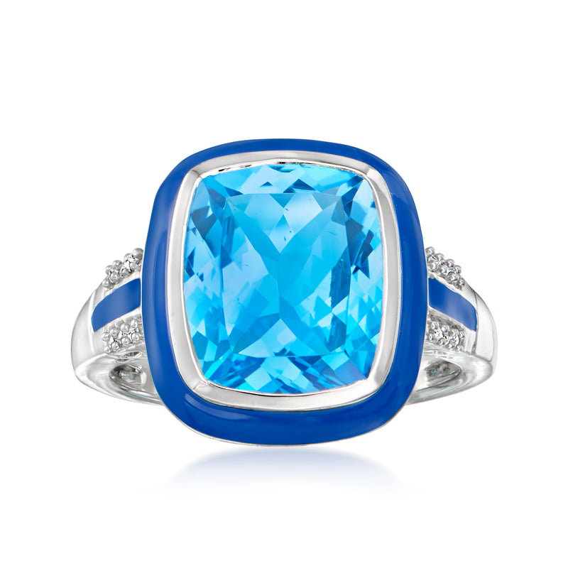 Sterling silver ring with blue enamel bezel and cushion-cut Swiss blue topaz center