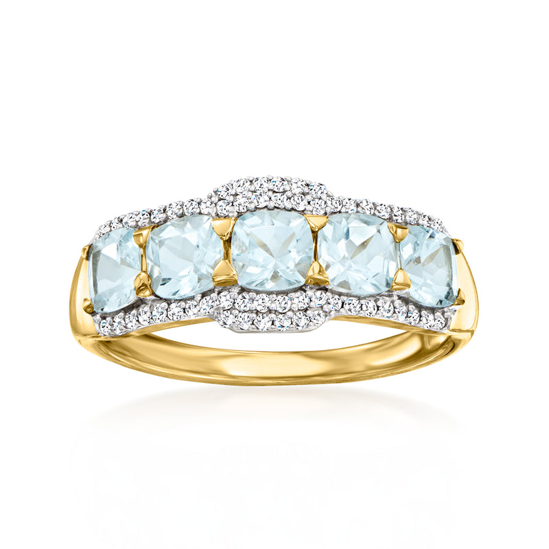 14kt yellow gold ring: three oval aquamarines with diamond side accents