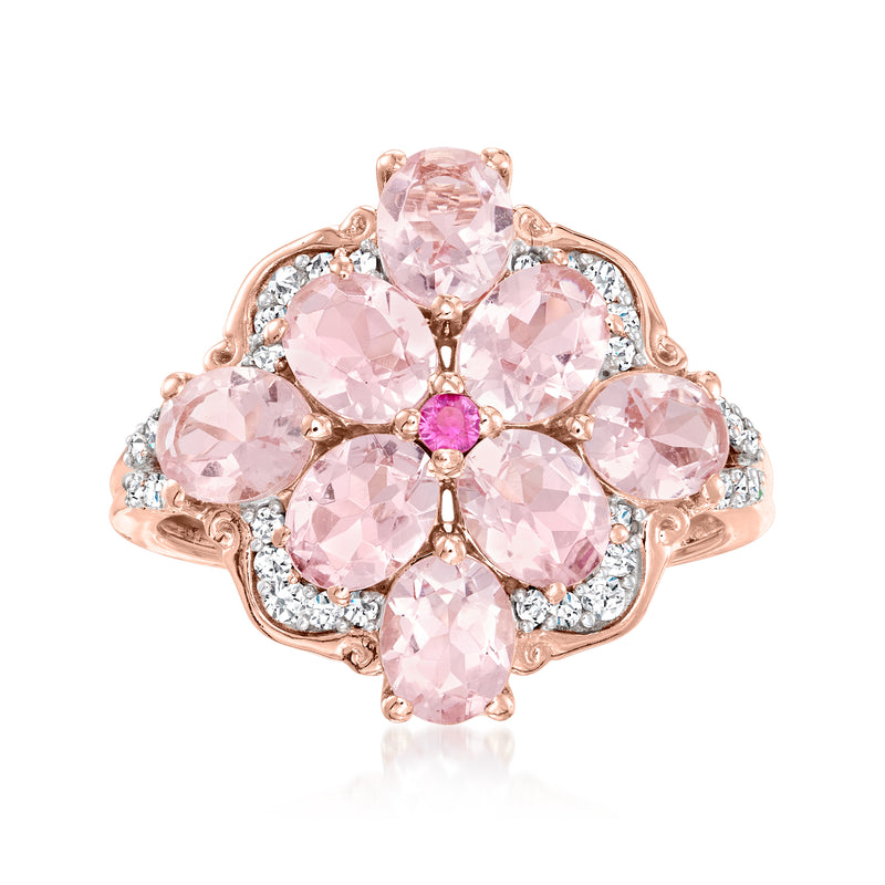 Rose gold cluster ring with oval morganite center, pink sapphire accent, diamond side stones