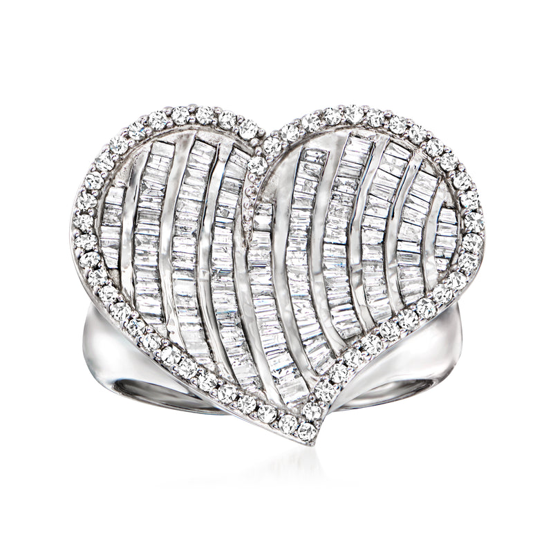 Sterling silver diamond heart ring with pave halo and ridged center, prong-set stones