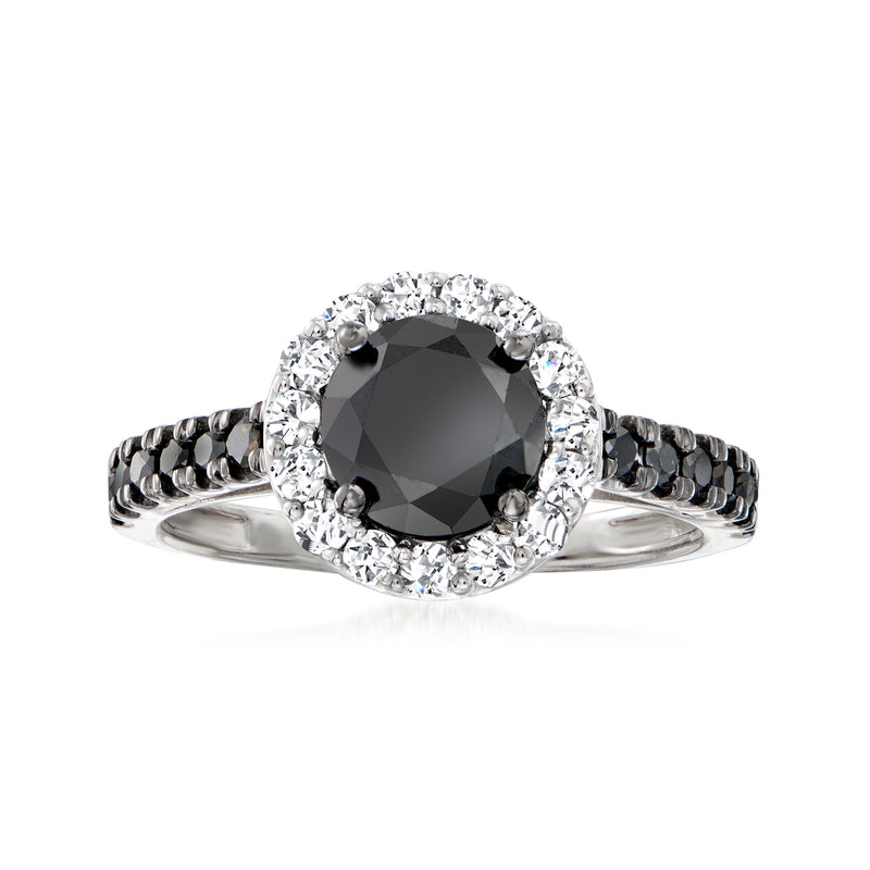 Sterling silver ring with black center stone, white diamond halo, split shank