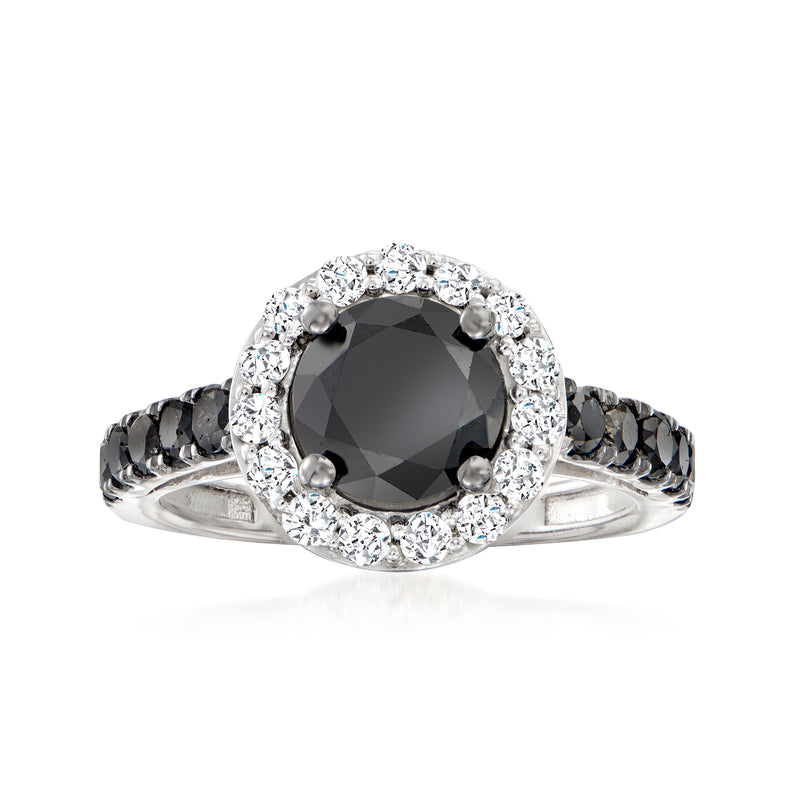 Sterling silver diamond ring with black center stone and white halo and pave band