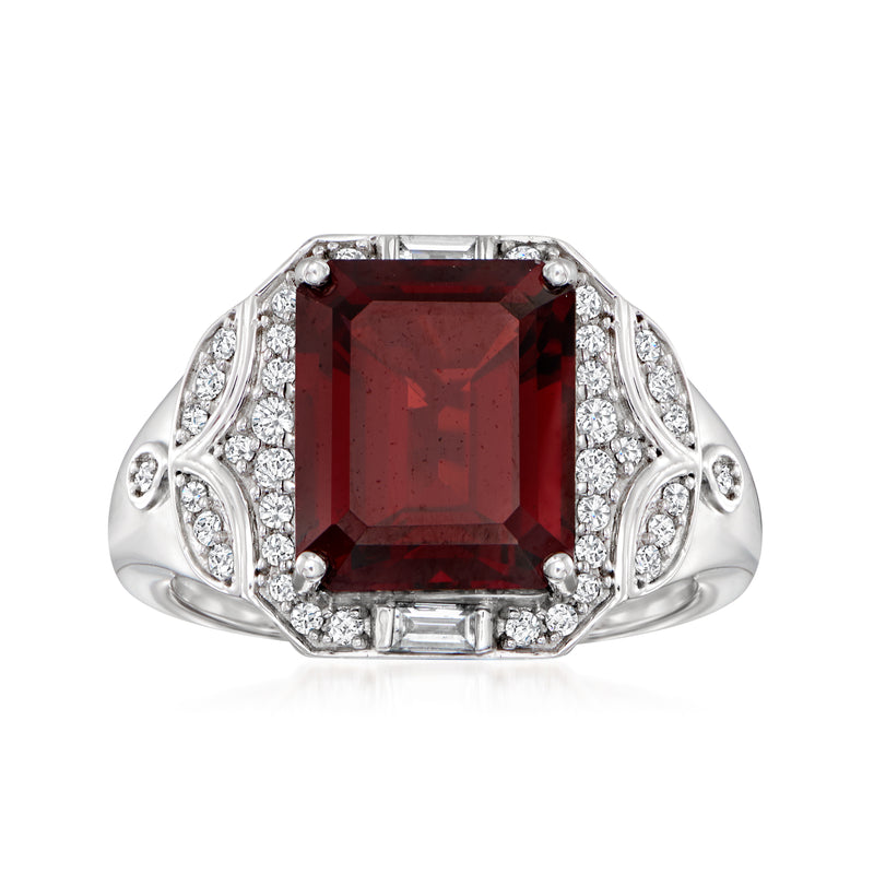 White gold garnet ring with rectangular red gemstone and diamond side accents