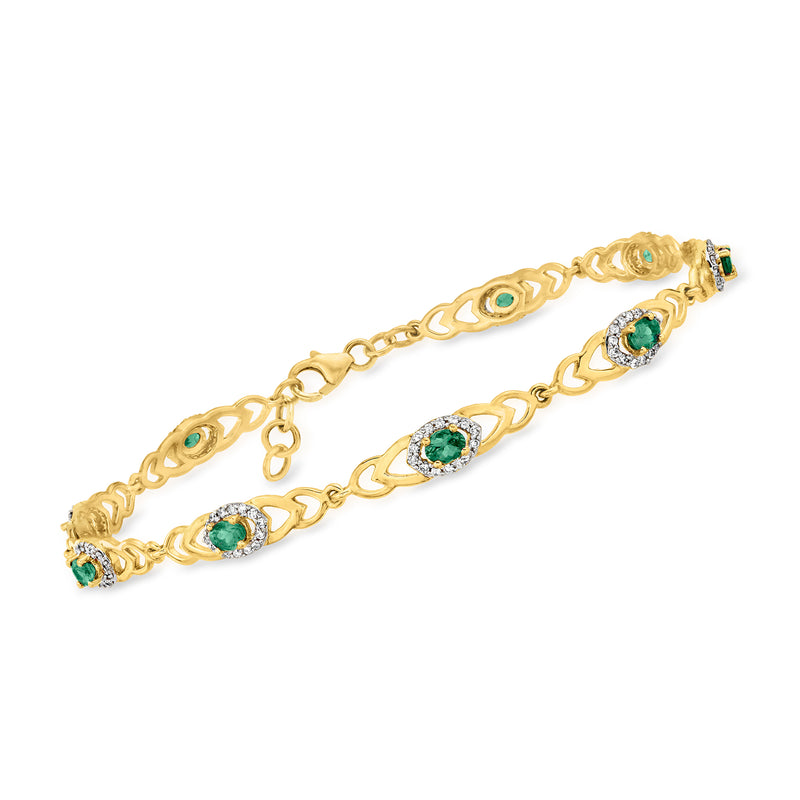 18kt yellow gold bracelet with green oval gemstones and diamond accents, link design