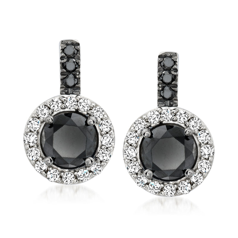 Sterling silver drop earrings with round black stone and white crystal halo
