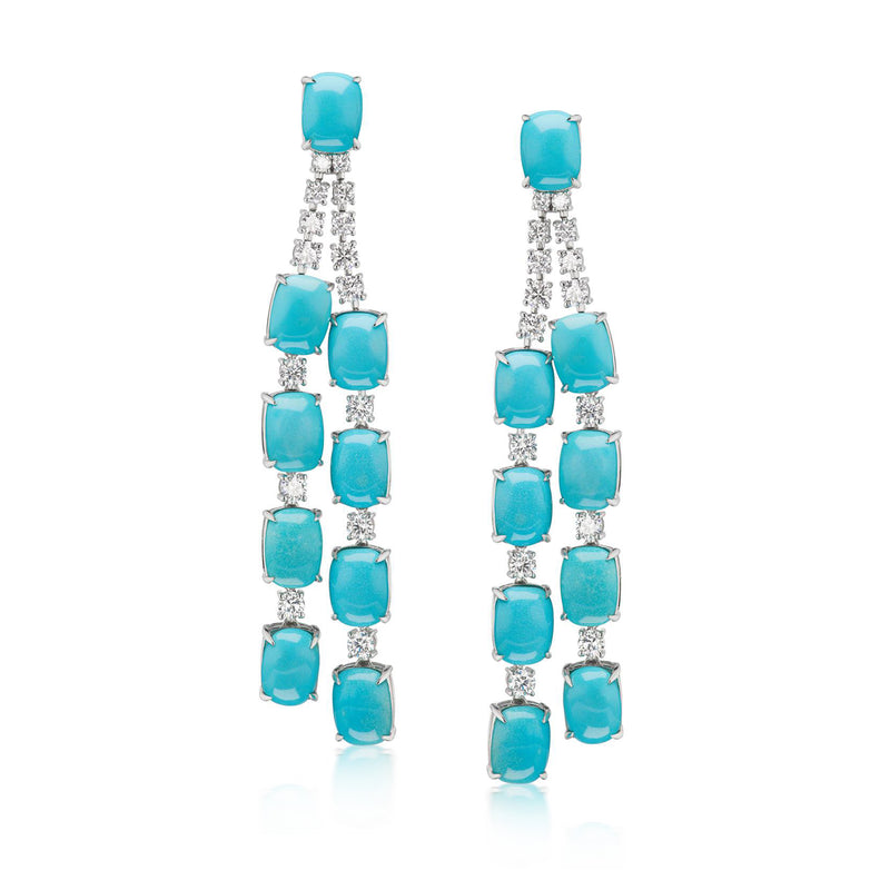 Turquoise and diamond drop earrings with cushion-cut stones in white gold, post style