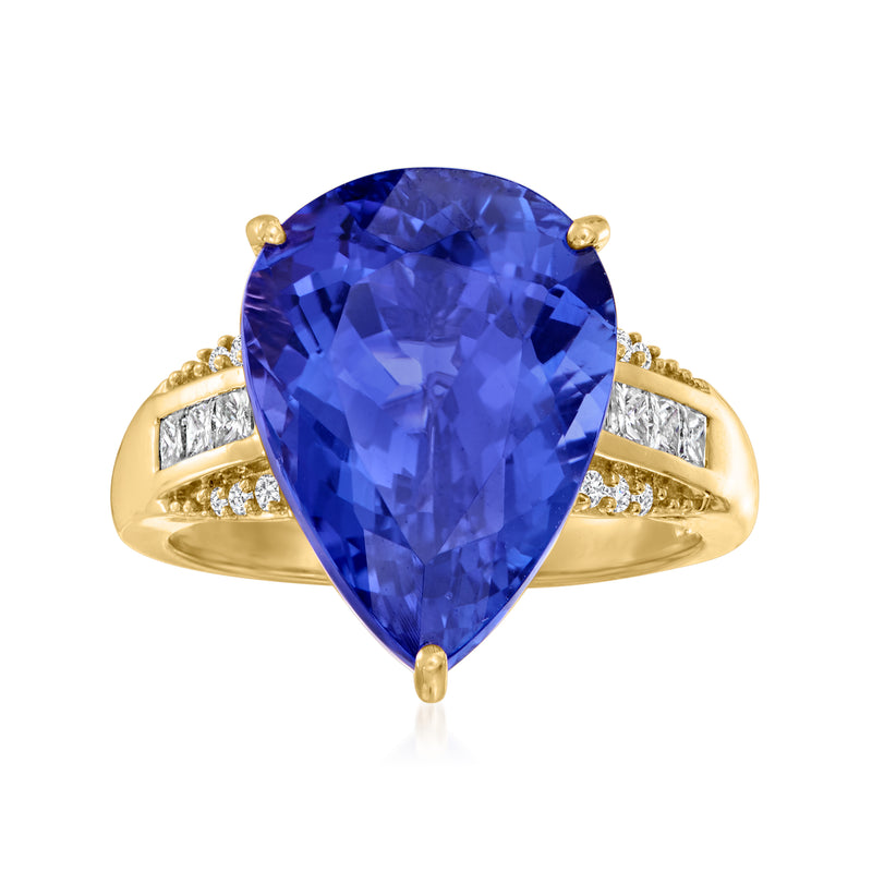 Teardrop tanzanite ring in 18k yellow gold with diamond band accents